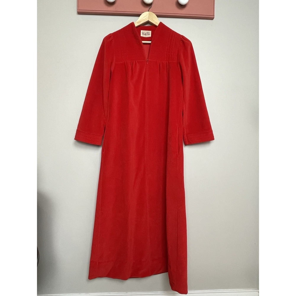 Nap core Vanity Fair Robe Long Velour Lace Half Zip Up Red Granny Cottage Sz‎ 8